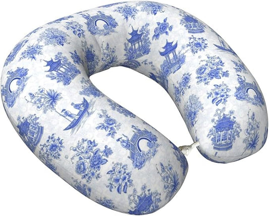 Travel Neck Pillows for Sleeping Rest Car Airplanes Chinese Style Powder Blue Chinoiserie Toile, Memory Foam with Removable Breathable Zipper Cover Washable for Men Women