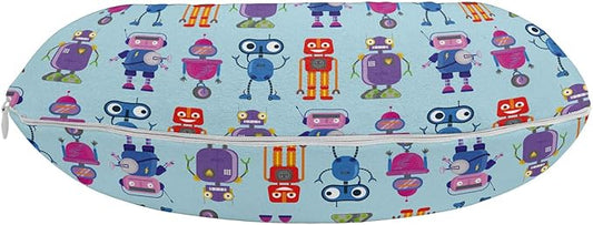 Ambesonne Alien Travel Pillow Neck Rest, Repeating Print of Colorful Robots Mechanical Design of Funny Shapes, Memory Foam Traveling Accessory for Airplane and Car, 12", Pale Blue and Multicolor