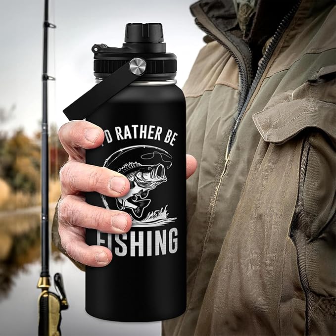Fishing Insulated Engraved Stainless Steel Water Bottle 32oz, Vacuum Chug Lid Travel Tumbler for Men Friends Dad Grandpa Fisherman, I'd Rather Be Fishing, Gift for Birthday Christmas Father's Day