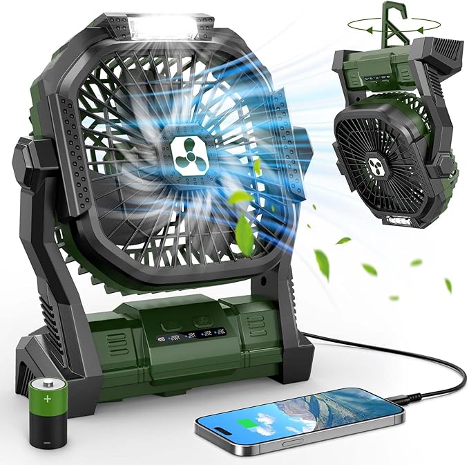 Portable Rechargeable Fan, 20000mAh Cordless Battery Powered Camping Tent Fans with LED Lantern, Small USB C Operated Outdoor Ventilador for Travel Camp Fishing Picnic Home Power Outage Emergency