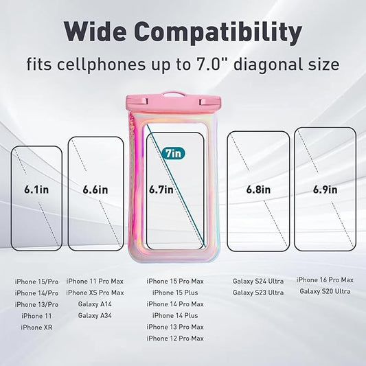 Floatable Waterproof Phone Pouch Case 2 Pax for iPhone 17 16 Pro Max/15/14/13/12, IP68 Travel Cellphone Dry Bag Beach Cruise Ship Essentials Bags with Crossbody Lanyard, Iridescent Pink and Blue-7″