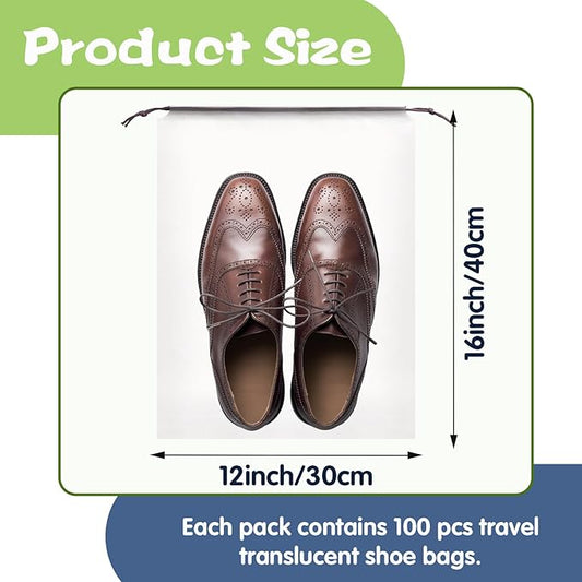 100 Pcs Translucent Shoes Bags for Travel,Large Clear Shoe Organizers,Drawstring Storage Bags with Rope for Men and Women (11.8 x 15.7 Inches)