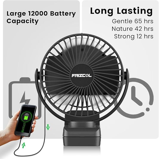 Portable Clip on Fan 65 Working Hours, Camping Fans with LED Lights & Hook, 12000 Capacity Battery Operated Fan with Clamp, USB Rechargeable for Desk, Tent, Treadmill, Stroller, Golf Cart, Home