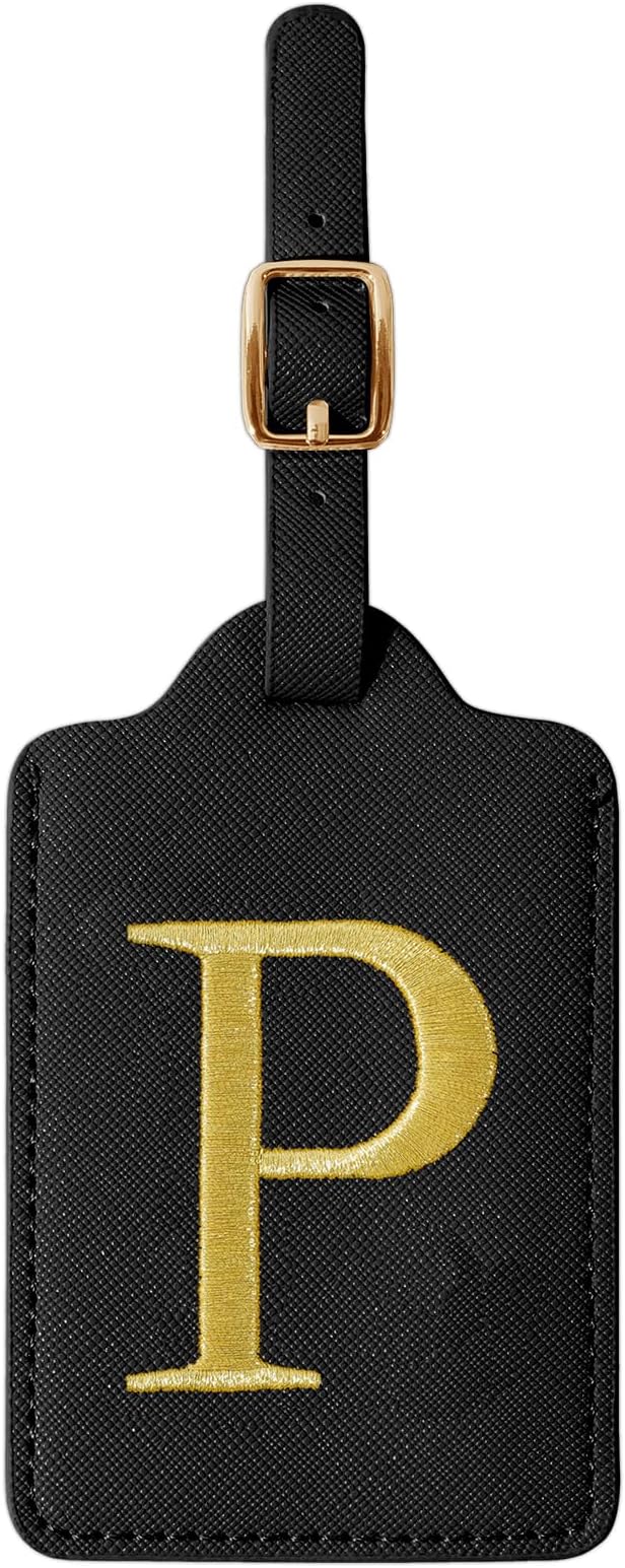 Personalized Initial Luggage Tags for Suitcase TSA Approved, Black Leather Cute Luggage Tag with Privacy Cover Name Card, Embroidered Custom Luggage Tags Travel Backpack Tags Gifts for Women Kids(P)