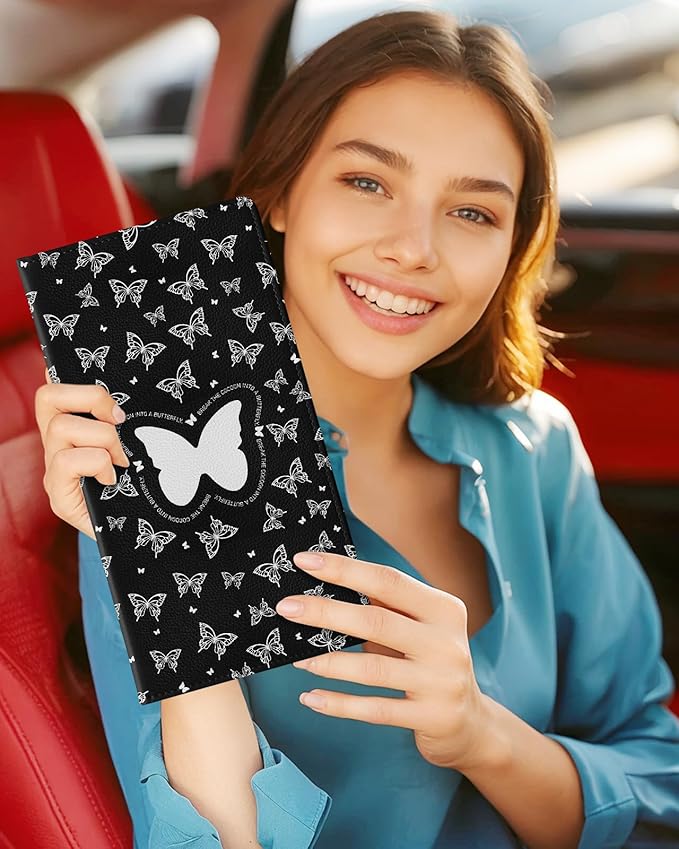 Slohif Car Registration and Insurance Card Holder - Butterfly Vehicle Glove Box Organizer Women with Magnetic Shut Leather Automobile License Holders Coasters Auto Accessories Case for Document