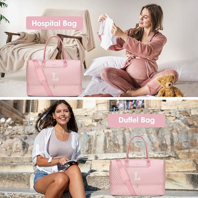 Letter Weekender Bags for Womens - Duffle Bag with Shoe Compartment Personalized Overnight Bag with Toiletry Bag Duffel Bags for Gym Hospital Bags Gift for Women Pink (Letter L)