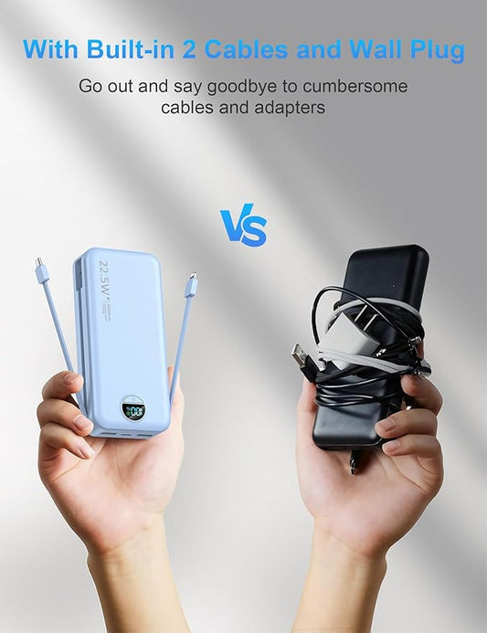 Portable Charger with Wall Plug, 20000mAh USB C Power Bank Fast Charging, External Battery Pack with Built in Cables, Digital Display, 5 Output 2 Input for iPhone Android Cell Phone Tablet