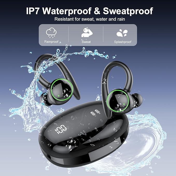 Wireless Earbuds, Bluetooth 5.4 Headphones Sport, Over Ear Buds With ENC Noise Cancelling Mic, 48H, Wireless Earphone With Earhooks, Stereo Deep Bass, IP7 Waterproof Headset for Workout Running, Black