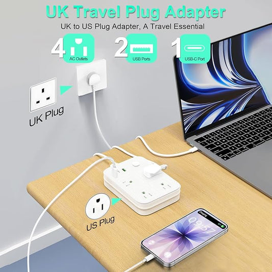 UK Adapters for Travel, UK Power Strip with 4 AC Outlets 1 USB C and 2 USB Ports, UK to US Plug Adapter Type G, UK Outlet Adapter for UK Ireland England Scotland Hong Kong Travel (3ft)