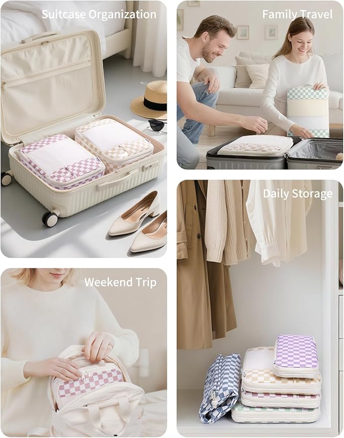 Narwey 5 Set Compression Packing Cubes for Travel, Luggage Packing Organizer Bags for Carry on Suitcase, Expandable Checkered Storage Bags with Laundry & Handle (Mint Green Checkerboard)