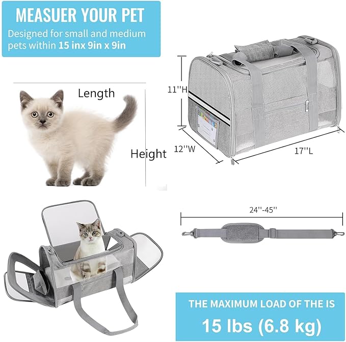 Soft - Sided Pet Carrier for Cats and Small Dogs, Airline - Approved, Grey Travel Tote with Mesh Windows, Foldable Bowl, Shoulder Strap, Oeko - TEX Certified