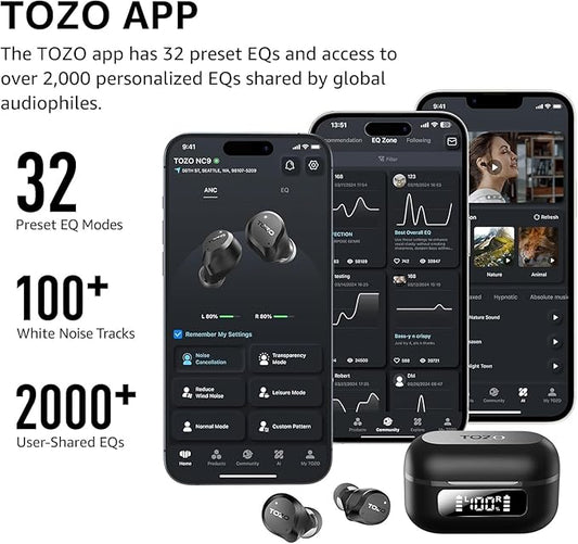 TOZO NC9 Hybrid Active Noise Cancelling Wireless Earbuds, 6 Mics ENC Clear Call, IPX8 Waterproof, in Ear Bluetooth 5.3 Headphones Stereo Bass Ear Buds 59H Playtime with LED Display 32 EQs via APP