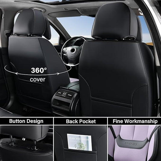 Coverado Universal Seat Covers Front, 2-Pack Universal Seat Covers for Cars, Waterproof Nappa Leather Car Seat Covers with Head Pillow, Auto Protectors Fit for Most Sedans SUV Truck-Black&Purple