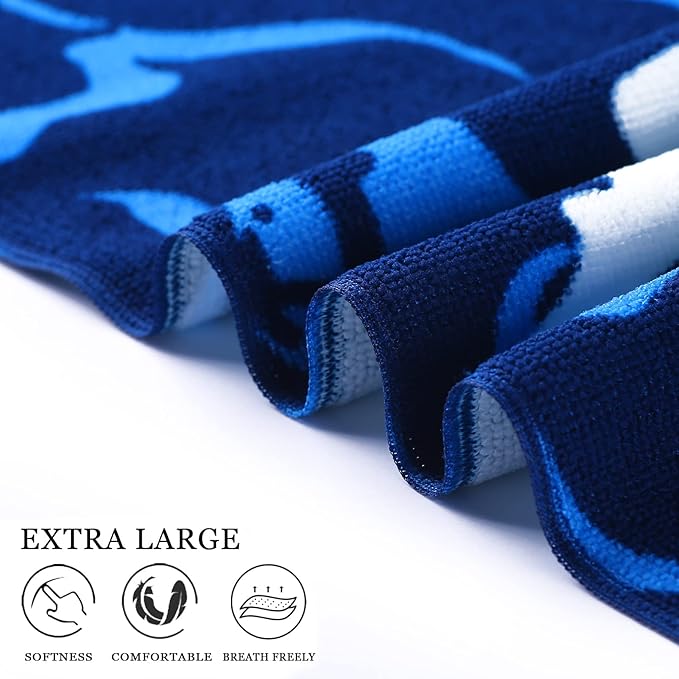 4 Packs Oversized Thin Beach Towel Set, 36 x 72 in XL Extra Large Big Soft Pool Swim Travel Towels Clearance for Adult Women Men Lounge Chair Cover Accessories Essentials Navy Blue Fish Blue Vortex