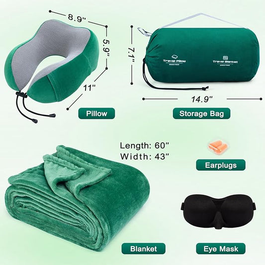 Travel Pillow and Blanket Set Neck Pillows Travel Essentials with Sleep Mask for Airplane Car Memory Foam Green