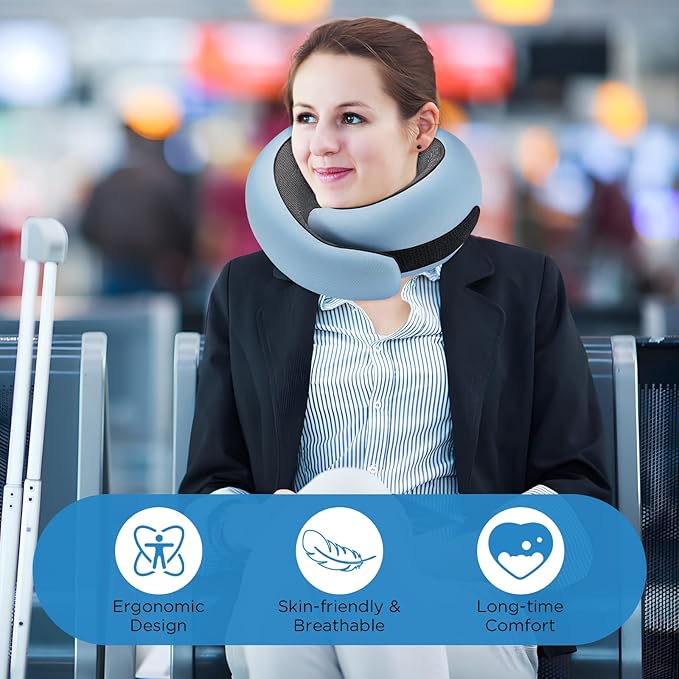Neck Pillow Airplane,100% Pure Memory FoamTravel Neck Pillow Travel Neck Support Ergonomic &Portable Design Best for Sleeping Plane Car Train Office Flight (Light Blue)