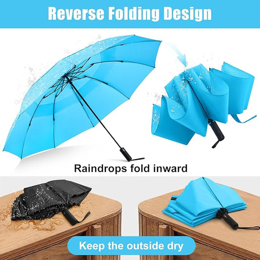 G4Free 42 Inch Inverted Travel Umbrella Compact Windproof 10 Ribs Reverse Small Portable Umbrella for Rain Double Canopy Vented Automatic Open Close for Women(Sky Blue)