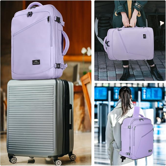 MATEIN Carry on Backpack for Women, 40L Heavy Duty Travel Backpack Airplane Approved, Expandable Simple Fashion Daypack, Frequent Traveler Gifts, Light Purple