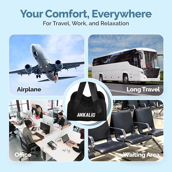 1 Pack No-Collapse Airplane Foot Hammock–Adjustable Foot Hammock for Plane Travel with Thick Bamboo Base, Lightweight Travel Footrest for Office, Flights(Black)