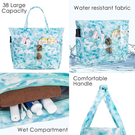 KABAQOO Extra Large Beach Bag Waterproof Sandproof Women Beach Tote with Zipper & Wet Compartment for Pool Gym Grocery Travel