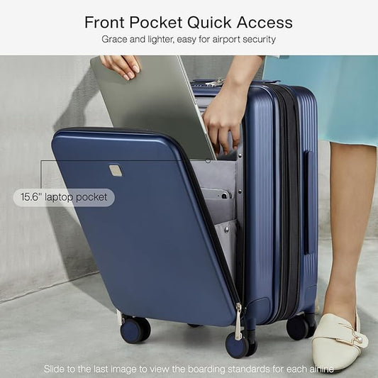 Hanke Grace Expandable Carry On Luggage with Wheels Airline Approved Hard Shell Suitcases with Front Pocket,Top Opening Luggage with TSA Lock for Short Business Travel, Dark Blue.