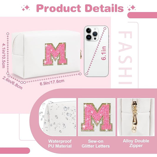 Small Personalized Initial A-Z Patch Makeup Bag,White Cute PU Leather Glitter Letter Cosmetic Bag for Teen Girls,Travel Toiletry Bag with Zipper,Preppy Monogrammed Birthday Gift for Daughter Niece M