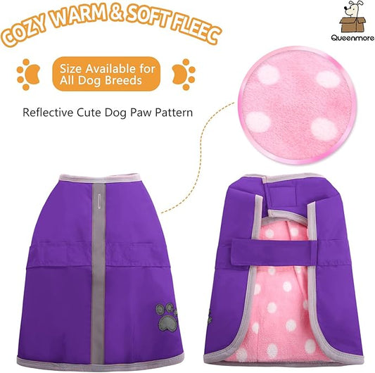 Queenmore Dog Winter Coat, Cold Weather Fleece Jacket for Dogs, Waterproof Reflective Reversible, for Small, Medium and Large Dogs (Purple, L)
