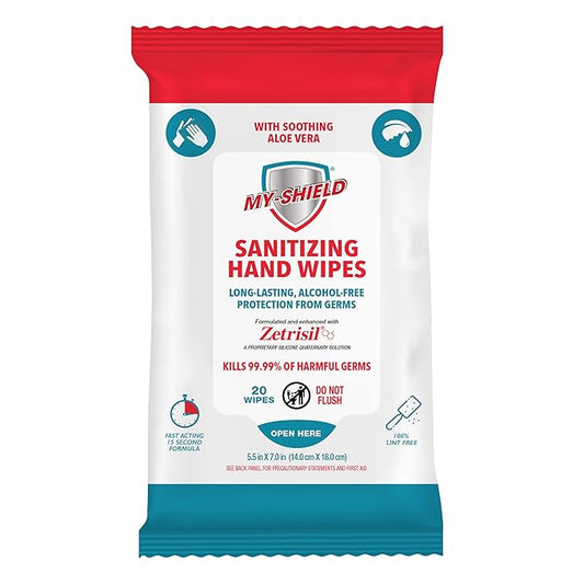 Sanitizing Hand Wipes - Travel Pack - 20 Count (4-pack) Alcohol-Free, Long-lasting Protection. Kills 99.9% of Germs. Moisturizes With Aloe Vera. Formulated with Zetrisil.