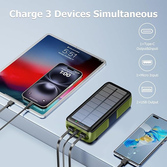 Solar Charger Power Bank 63200mAh, Portable Charger with Dual Outputs & Dual Inputs 4 LEDs Flashlight, Hand Crank Power Bank Fast Charging Battery Pack for Outdoor Camping Survival Gear (army green)