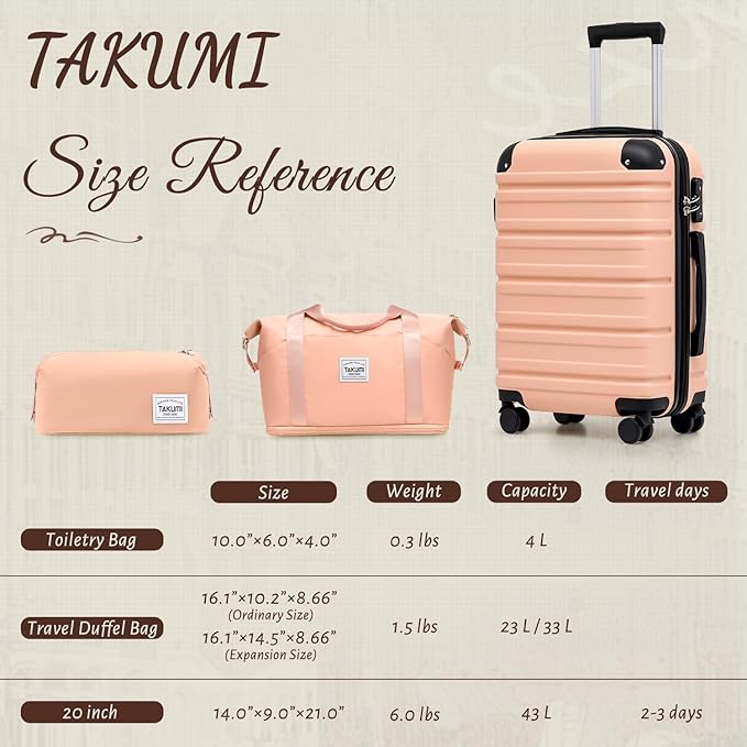 TAKUMI Carry On Luggage Set 3 Piece ABS+PC Hardshell Suitcases with Duffel Bag Double Spinner Wheels Travel Luggage with TSA Lock Lightweight Suitcase Set(PINK, 3 PIECE SET(20/DB/TB))