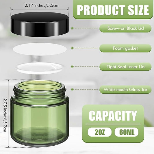Domensi 32 Pcs 2 oz Glass Jars with Lids Travel Size Round Leakproof Empty Cosmetic Jars with Inner Liners Lid for Storing Makeup Lotions Face Cream Ointments Candle DIY Making (Olive Green)