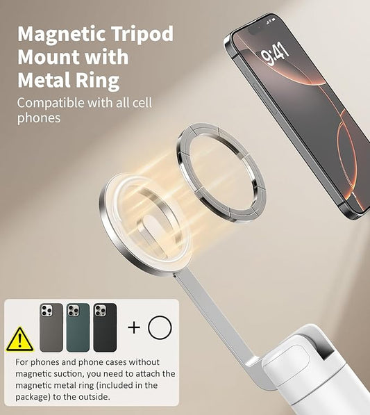 TONEOF 68" Magnetic Selfie Stick Tripod with Aluminum Strong Magnetic Holder for Magsafe, 360° Rotatable Travel Phone Tripod Stand with Metal Ring & Rechargeable Remote for iPhone/Android(White)