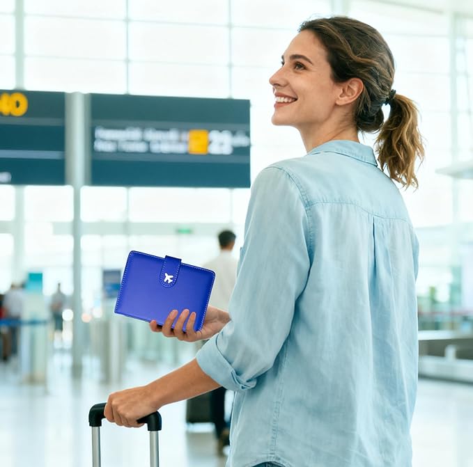 Passport Holder, Travel Wallet Cover with Pen Loop | Cute RFID Blocking Leather Case with Magnetic Closure for Travel Essentials-Blue