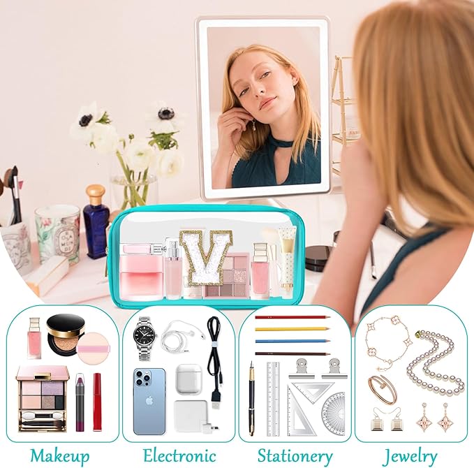 Personalized Initial Letter Clear Makeup Bag,Preppy Small Nylon&PVC Cosmetic Zipper Bag with Chenille Letter,Portable Beach Travel Skincare Toiletry Bag,Trendy Monogram Gift for Teen Girls Women,V