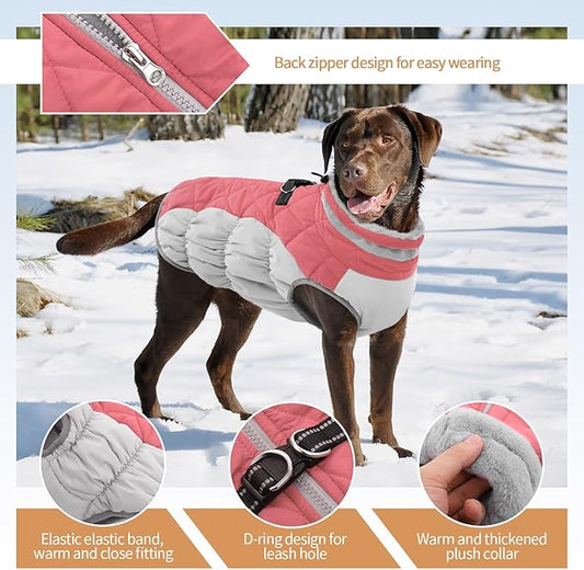 OUOBOB Winter Dog Coat,Large Dog Jacket,Waterproof Pet Jacket with Back Zipper,Pet Coat with Harness Built in,Warm Dogs Coat with Fleece Lined,Snow Jacket Clothes French Bulldog Shiba Inu,Pink,L