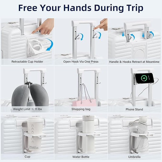 Hard Shell Suitcases Expandable Travel Luggage Sets 2 Piece, Carry on and Check in Luggage Lightweight Suitcase Set 2 Piece with Wheels Cup Holder Charger Built in (White, 20/28)