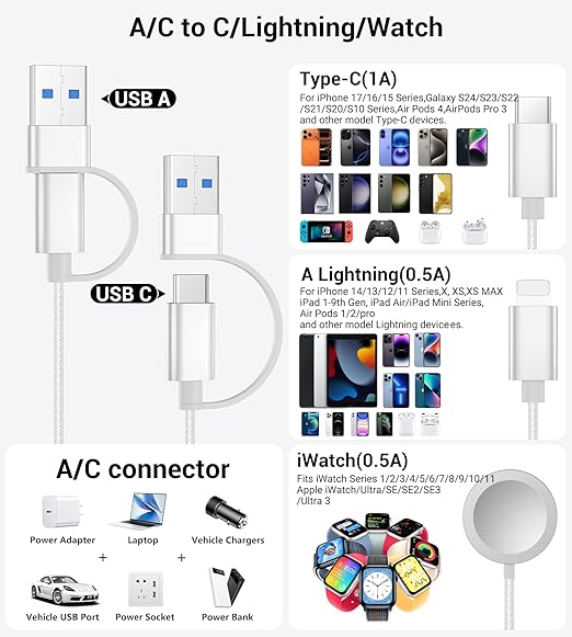 Temdan for Travel Vacation Essentials,3 in 2 USB C Cable for Apple Watch Charger/iPhone 16 Charger/Lightning,Multi Charging Cable Cord,Camping Essentials,Designed for iWatch & iPhone 16-12-4FT White
