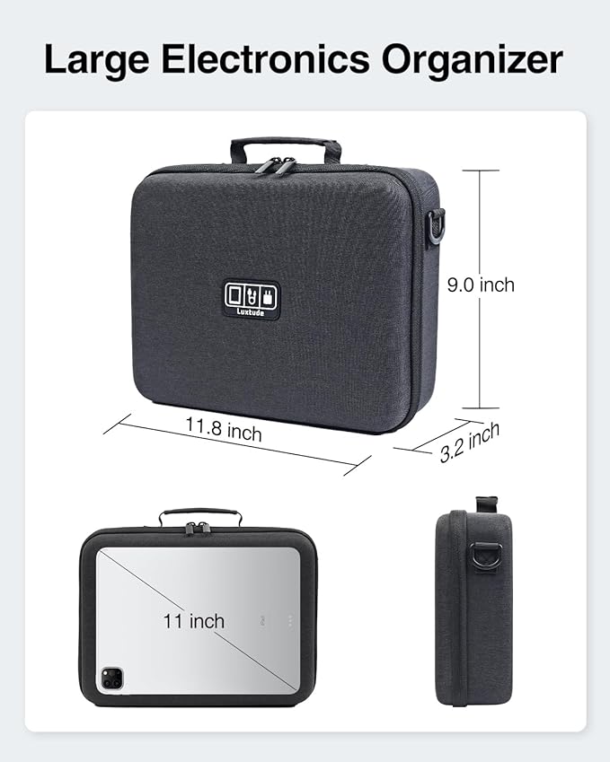 Luxtude Electronic Organizer Travel Case Large, Hard Case for Electronics, EVA Tech Organizers, Travel Cable Bag with Shoulder Strap, Charger Organizers Carrying Cases for iPad(Up to 11’’)
