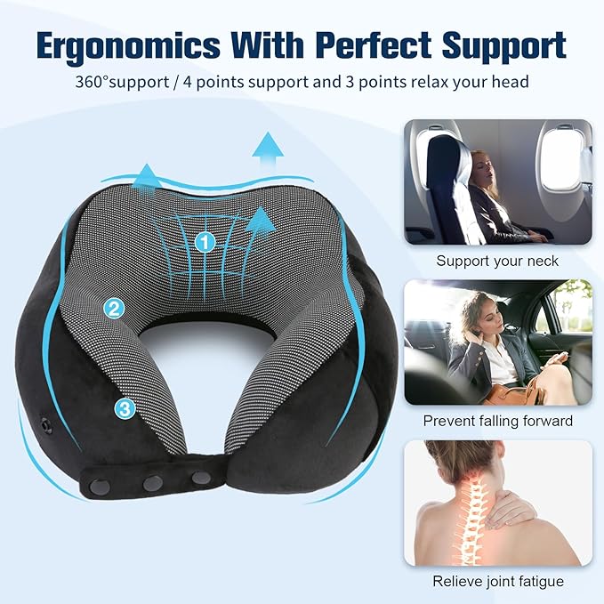 Neck Pillow for Traveling, Travel Pillows for Airplanes,100% Pure Memory Foam Travel Neck Pillow, Adjustable Flight Pillow, Portable Plane Accessories with Eye Mask, Earplugs, Carry Bag