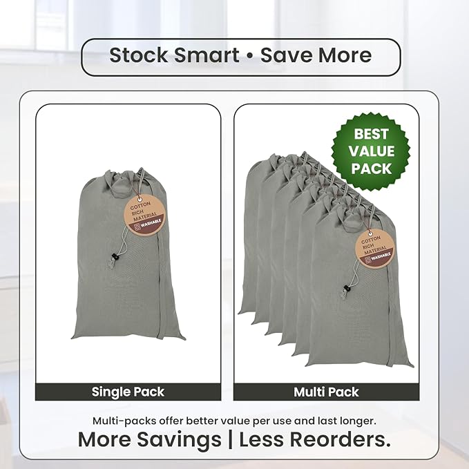 LFH Home Cotton Canvas Large Laundry Bag with Handle, Heavy Duty Drawstring Closure Washable Laundry Bags, School Travel, Home, Hotel, College Dorm, Organizer Sack, Toys Clothes 24x36 (Pack of 6)-Grey