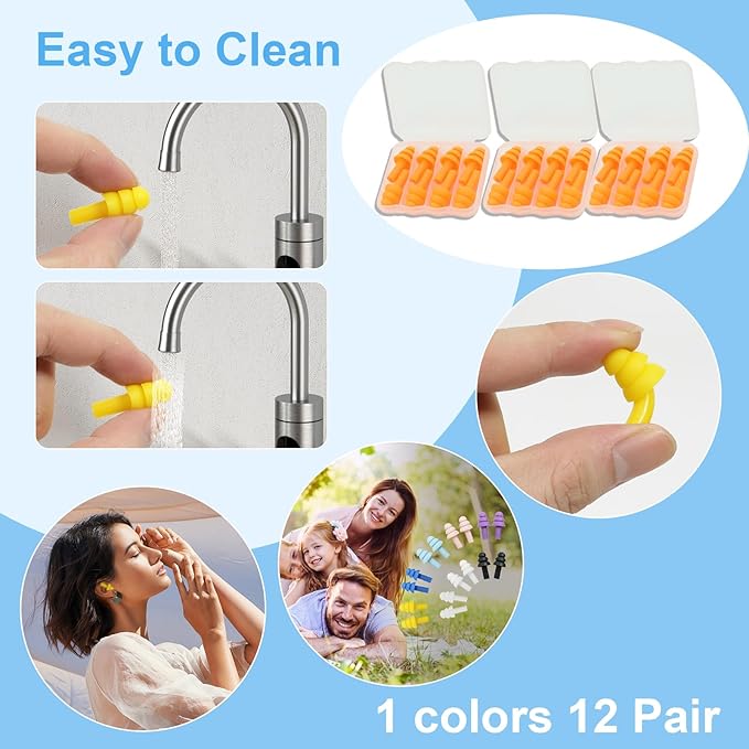 Ear Plugs for Sleeping,12 Pair Earplugs Noise Canceling Soft Silicone Ear Plug Reusable Earplugs for Sleep,Concert,Swimming,Study,Loud Noise,Snoring(Orange)