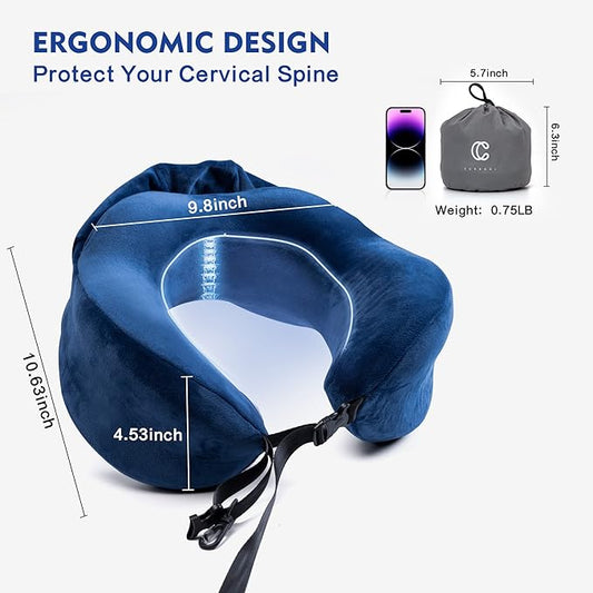 Neck Pillow with Hood - Memory Foam Neck Pillow Head Chin Support, Airplane, Car, Office & Home Sleep Rest Travel Pillows with Hood (Navy Blue, L)