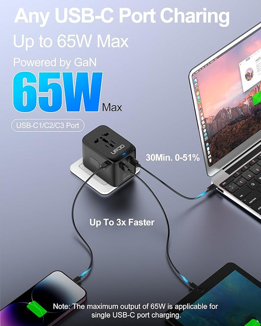Universal Travel Adapter GaN 65W Fast Charger, 3 USB C(Each/GaN 65W) & 1 USB A(PD 45W) Ports & 2500W AC Outlet, International Power Adapter High Power Travel Plug Adapter for Europe UK US AUS