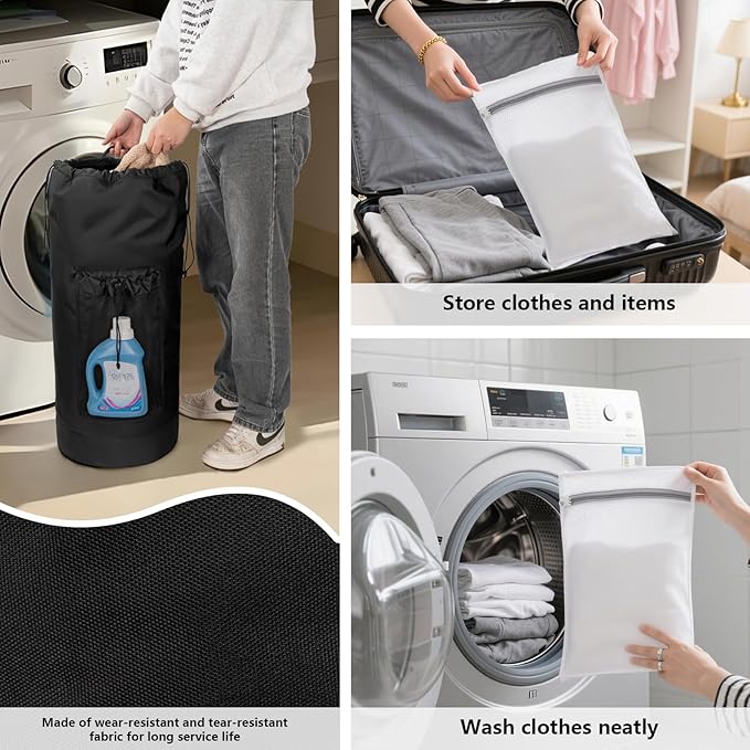 Laundry Bag Backpack with 3 Sizes Mesh Wash Bags and Shoulder Straps Foldable Clothes Hamper Bag with Drawstring Closure for College, Apartment, Laundromat (Black)