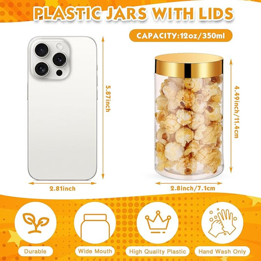 SATINIOR 12 Pack 12 oz Plastic Container Jars with Lids Round Clear Travel Cosmetic Container Slime Jars for Toiletries, Lotion, Cream, Ointments, Makeup, Rhinestone, Samples, Kitchen Storage(Gold)