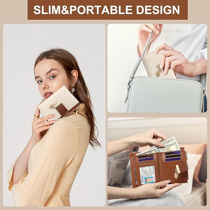 yiijay Small Wallet Women RFID Blocking Leather Bifold Wallet Credit Card Holder for Women Ladies Compact Wallet Mini Purse With Zipper Pocket