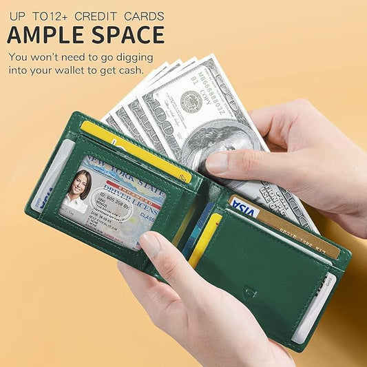 GSOIAX Mens Slim Wallet for Men Minimalist Genuine Leather Carbon Fiber Rfid Blocking Bifold Credit Card Holder With Gift Box (Green and Carbon Black)