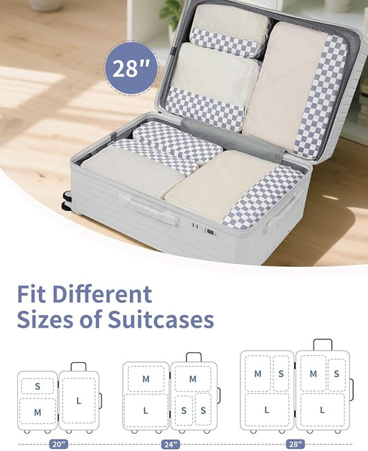 Narwey 7 Set Checkered Packing Cubes for Travel Carry on Suitcase Luggage Organizer Bags for Kids Women Men, Durable Packing Organizers Bag, Travel Essentials Accessories (Grayish Blue Checkerboard)