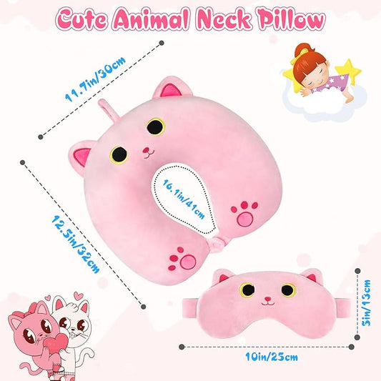 Kids Neck Pillow for Travel, Cute Cat Neck Pillow with Eye Mask for Sleeping Journey, Soft U-Shaped Travel Pillow for Airplane Car (Pink)