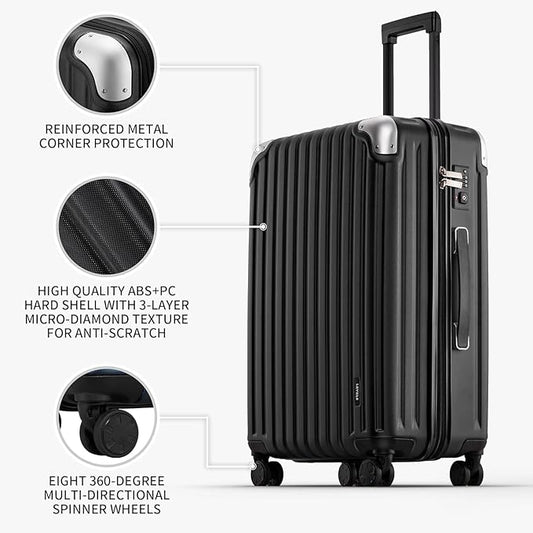 LEVEL8 Grace Luggage Sets Hardshell Suitcase with Wheels, Sturdy Large Suitcase Tsa Lock 20 Inch Expandable Carry on 24 Inch 28 Inch Checked Luggage, 3-Piece Set (20/24/28), Black